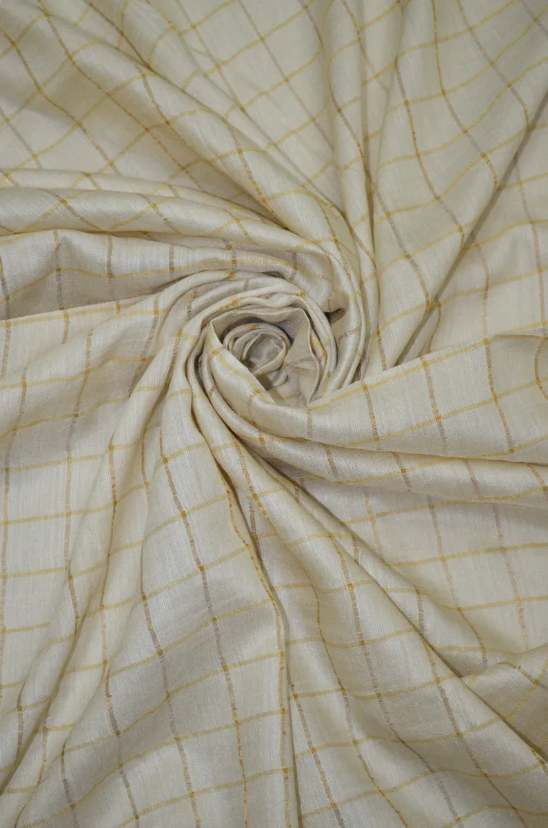 100% Pure Muga Tussar Handloom Checkered Silk Fabric