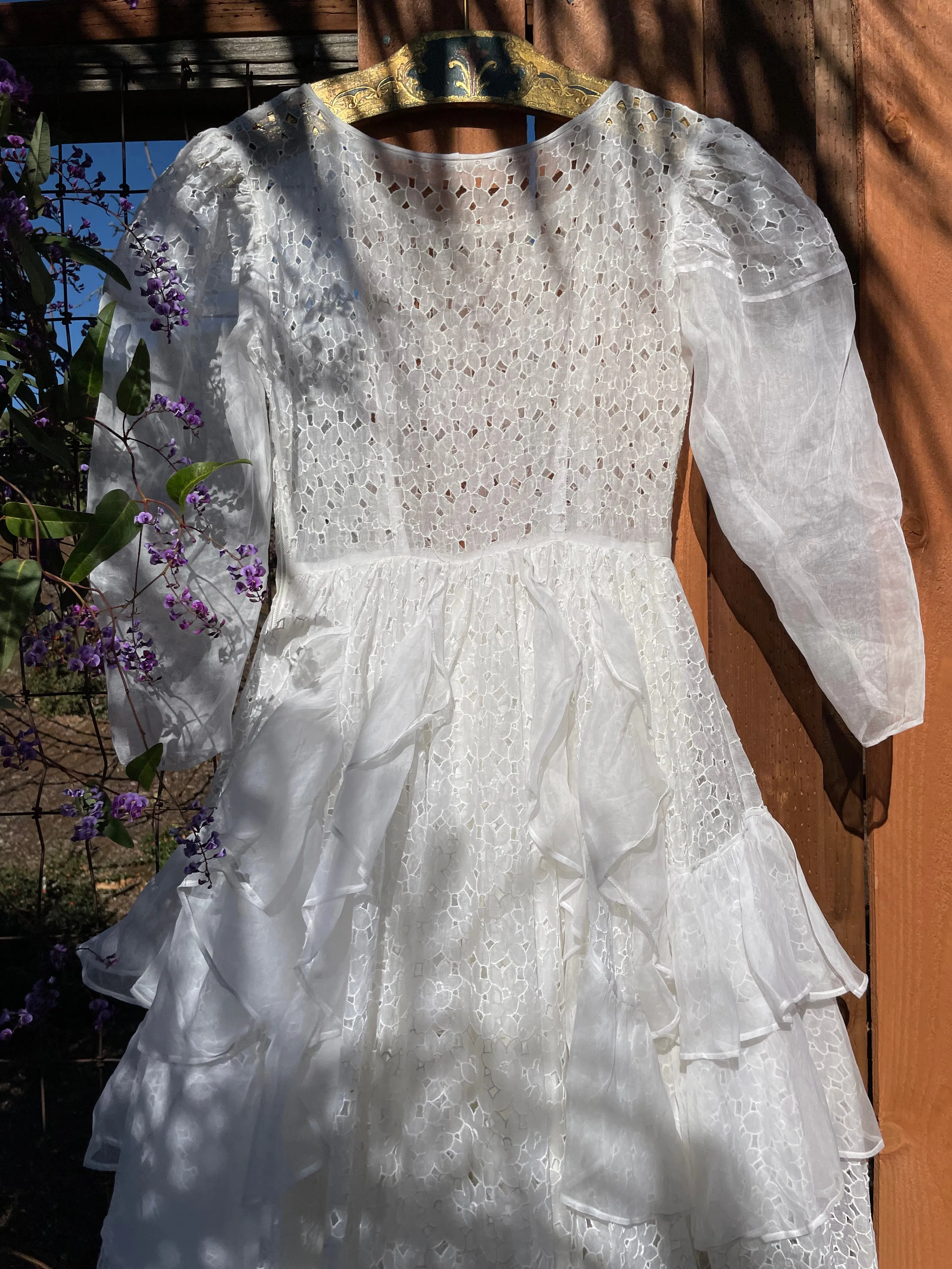 1930s/1940s Eyelet Cutwork Tiered Ruffle Organdy Wedding Dress