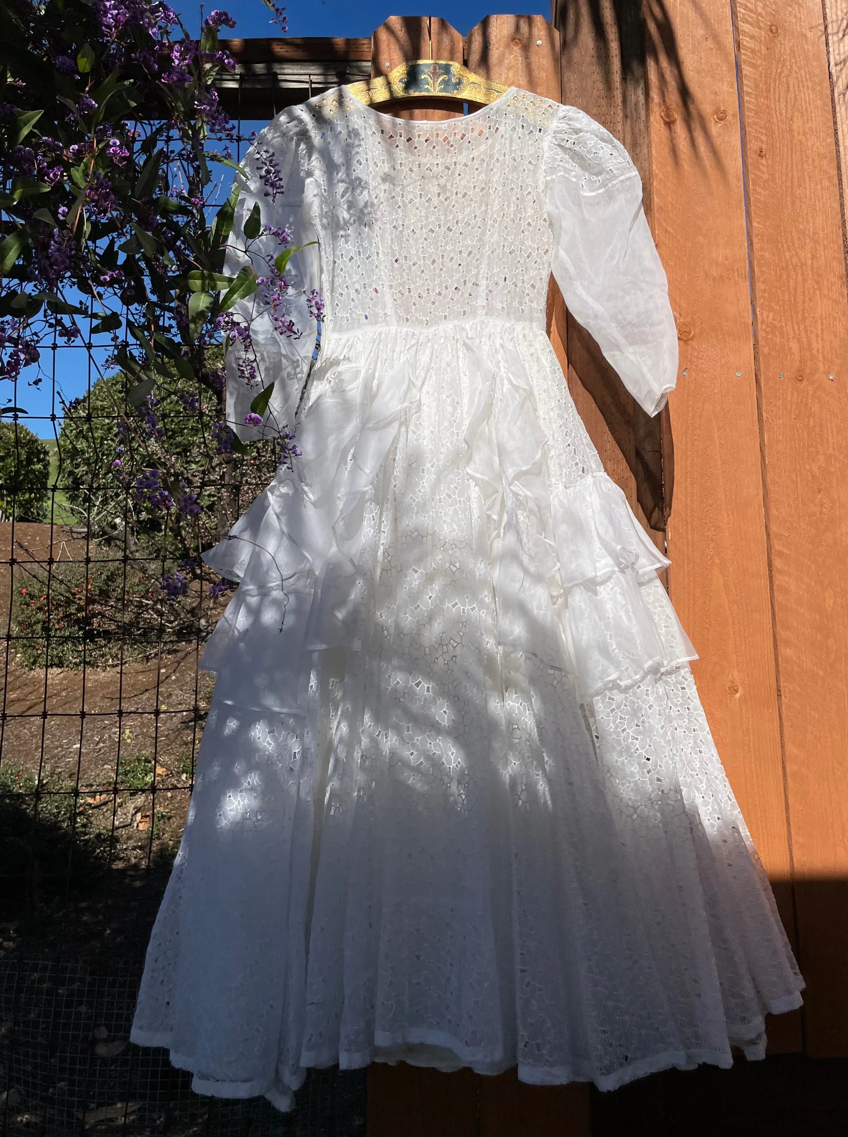 1930s/1940s Eyelet Cutwork Tiered Ruffle Organdy Wedding Dress