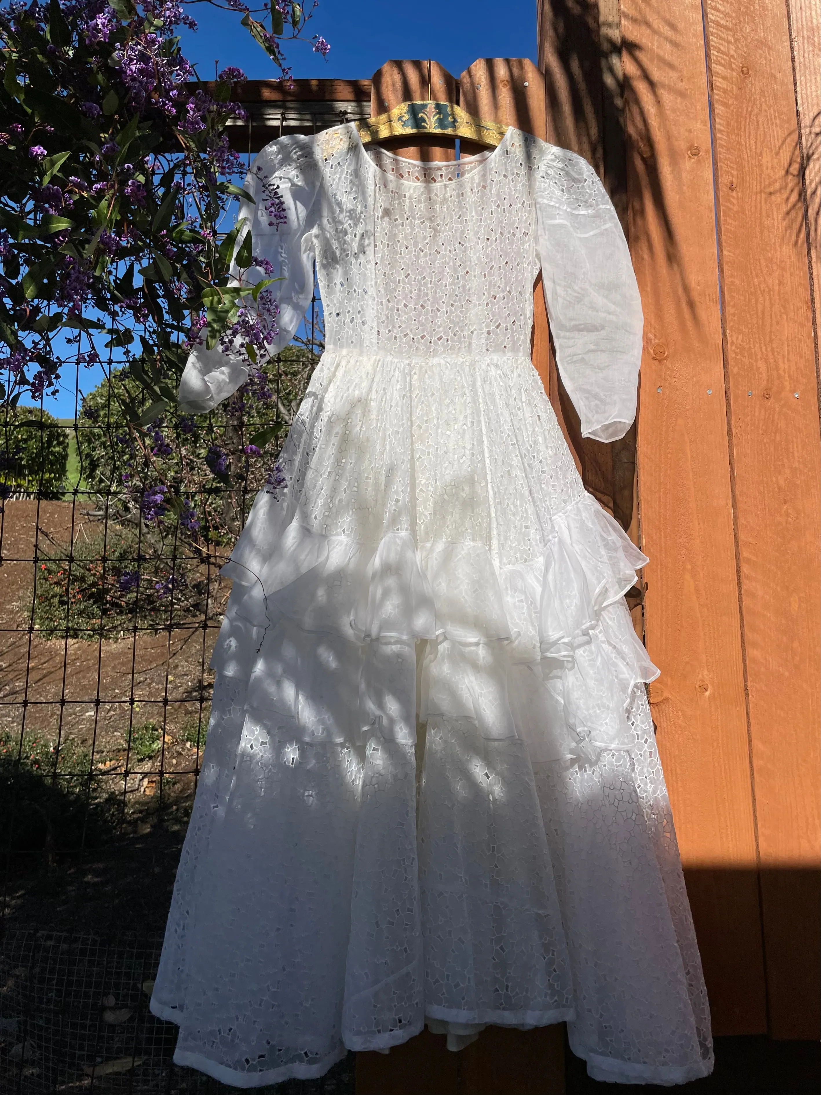 1930s/1940s Eyelet Cutwork Tiered Ruffle Organdy Wedding Dress