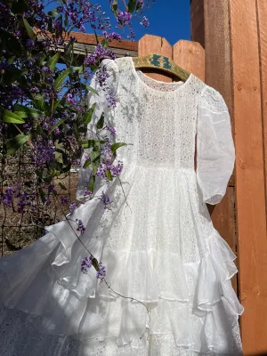 1930s/1940s Eyelet Cutwork Tiered Ruffle Organdy Wedding Dress