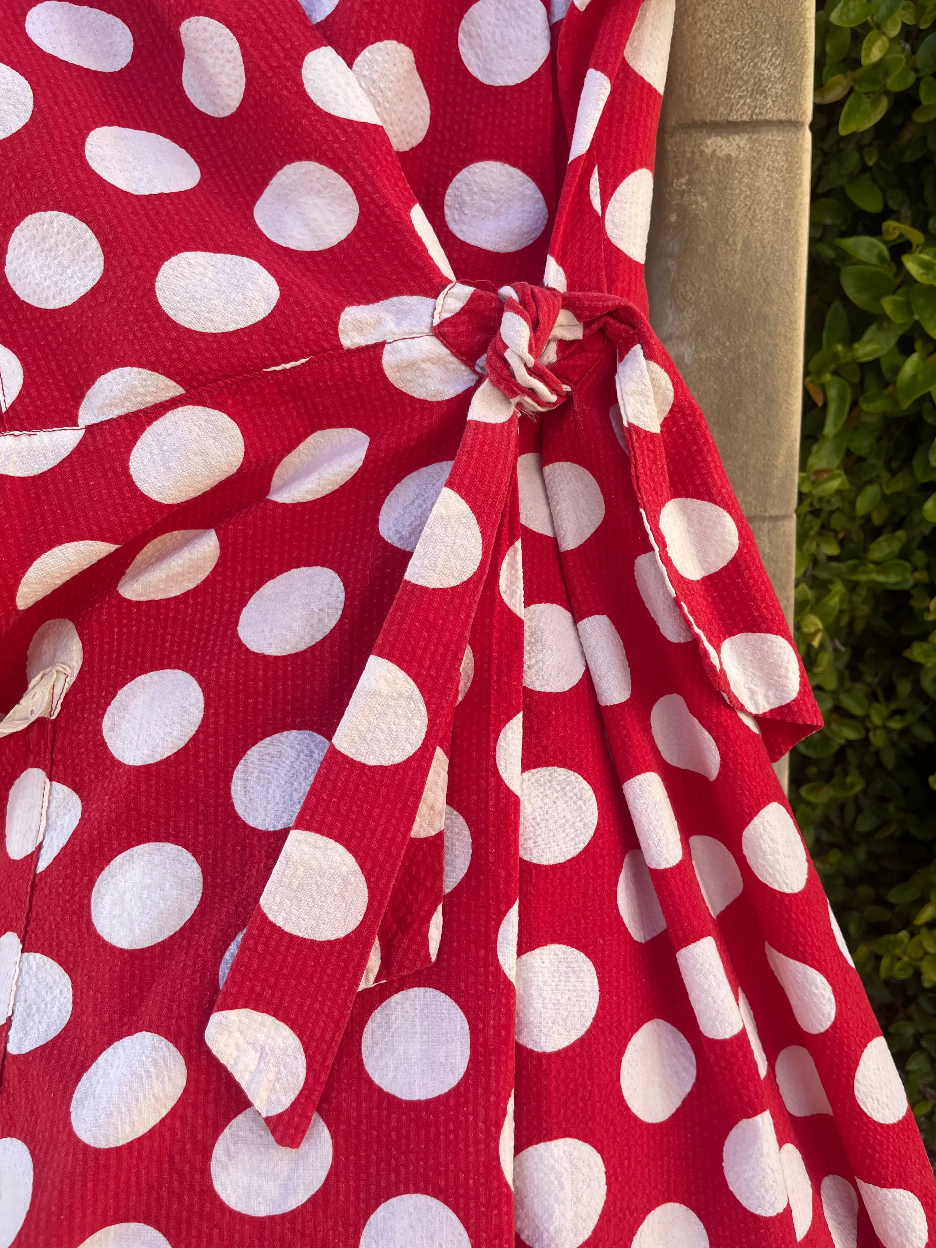 1940s Polka Dot Seersucker Wrap House Dress
