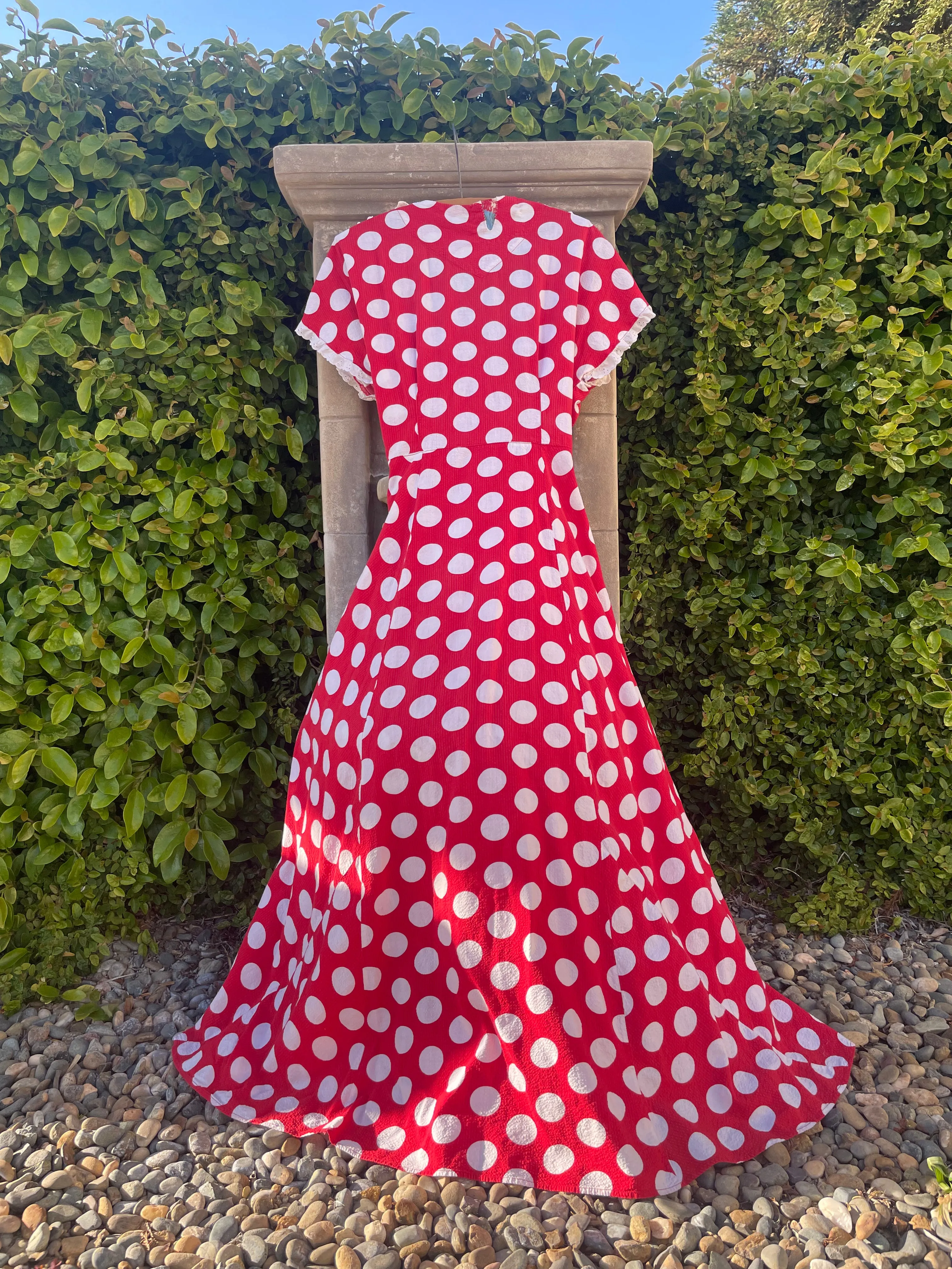 1940s Polka Dot Seersucker Wrap House Dress
