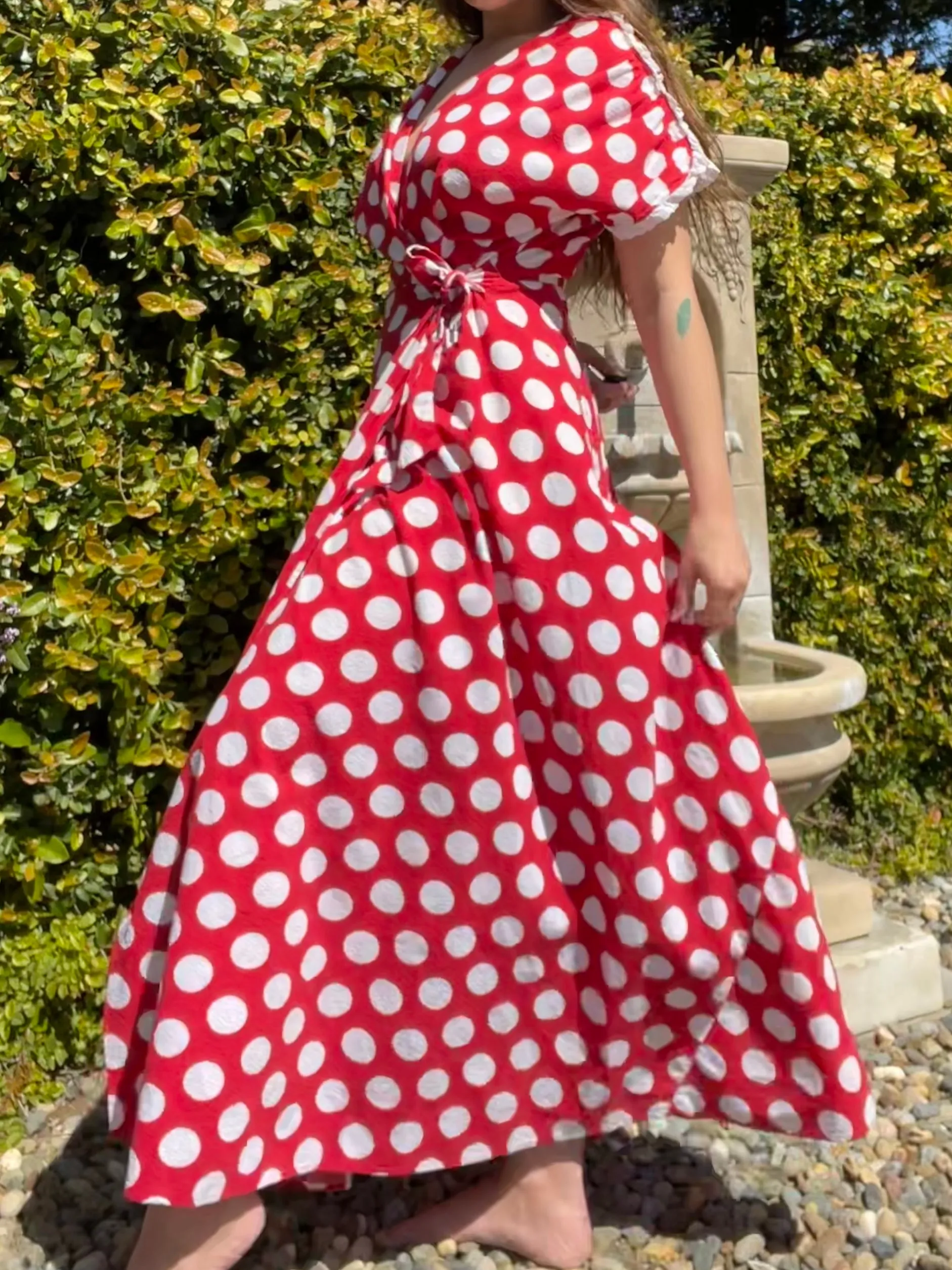 1940s Polka Dot Seersucker Wrap House Dress