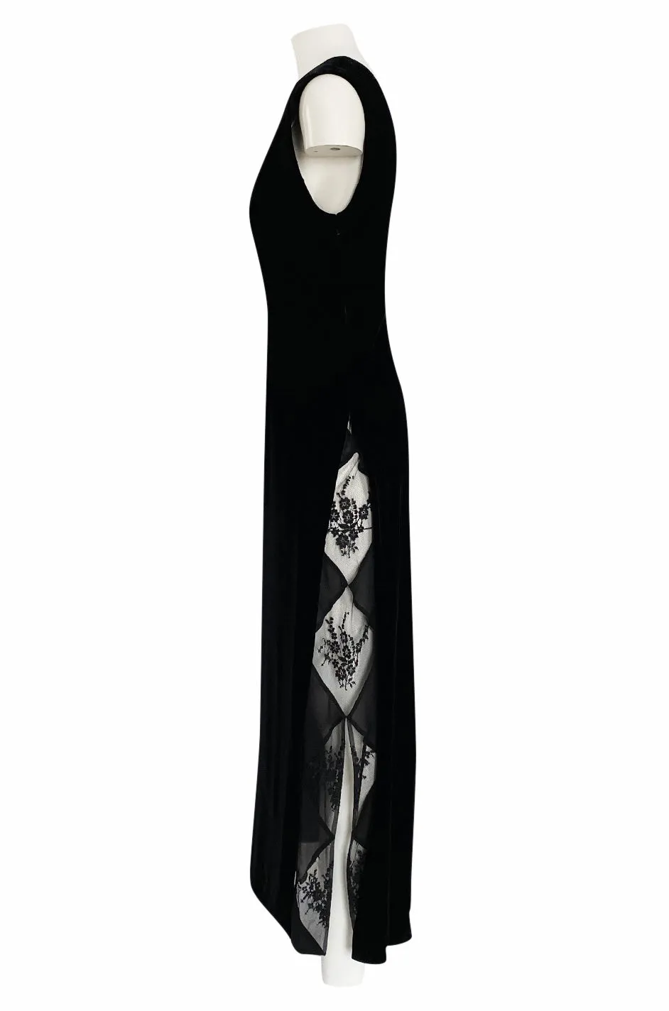 1980s Unlabeled Chanel Haute Couture Black Velvet Tabard w Silk Chiffon & Lace Under Skirt