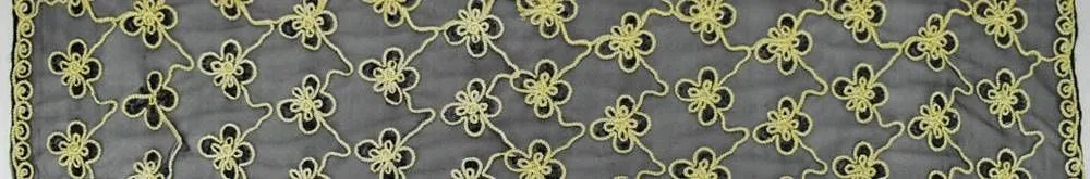 5 1/4 YD PC-Black/Midnight Blue/Gold Floral Applique Sequin Scallop Mesh Fabric
