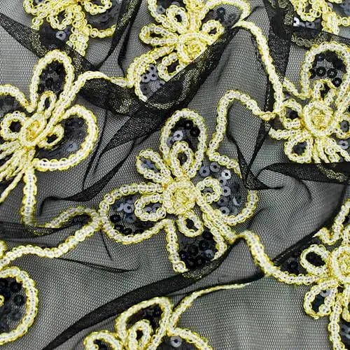 5 1/4 YD PC-Black/Midnight Blue/Gold Floral Applique Sequin Scallop Mesh Fabric