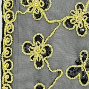 5 1/4 YD PC-Black/Midnight Blue/Gold Floral Applique Sequin Scallop Mesh Fabric