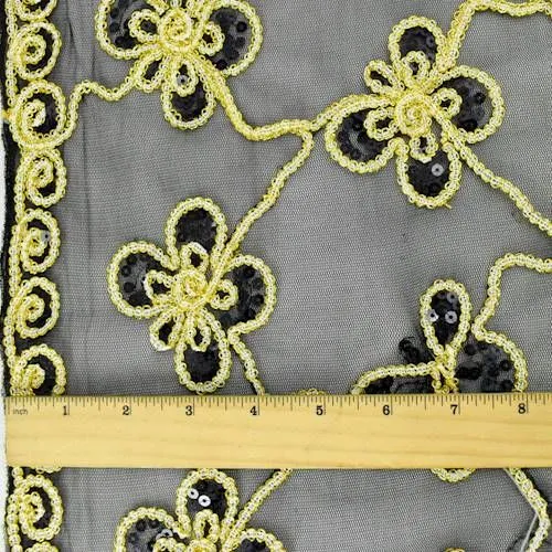 5 1/4 YD PC-Black/Midnight Blue/Gold Floral Applique Sequin Scallop Mesh Fabric