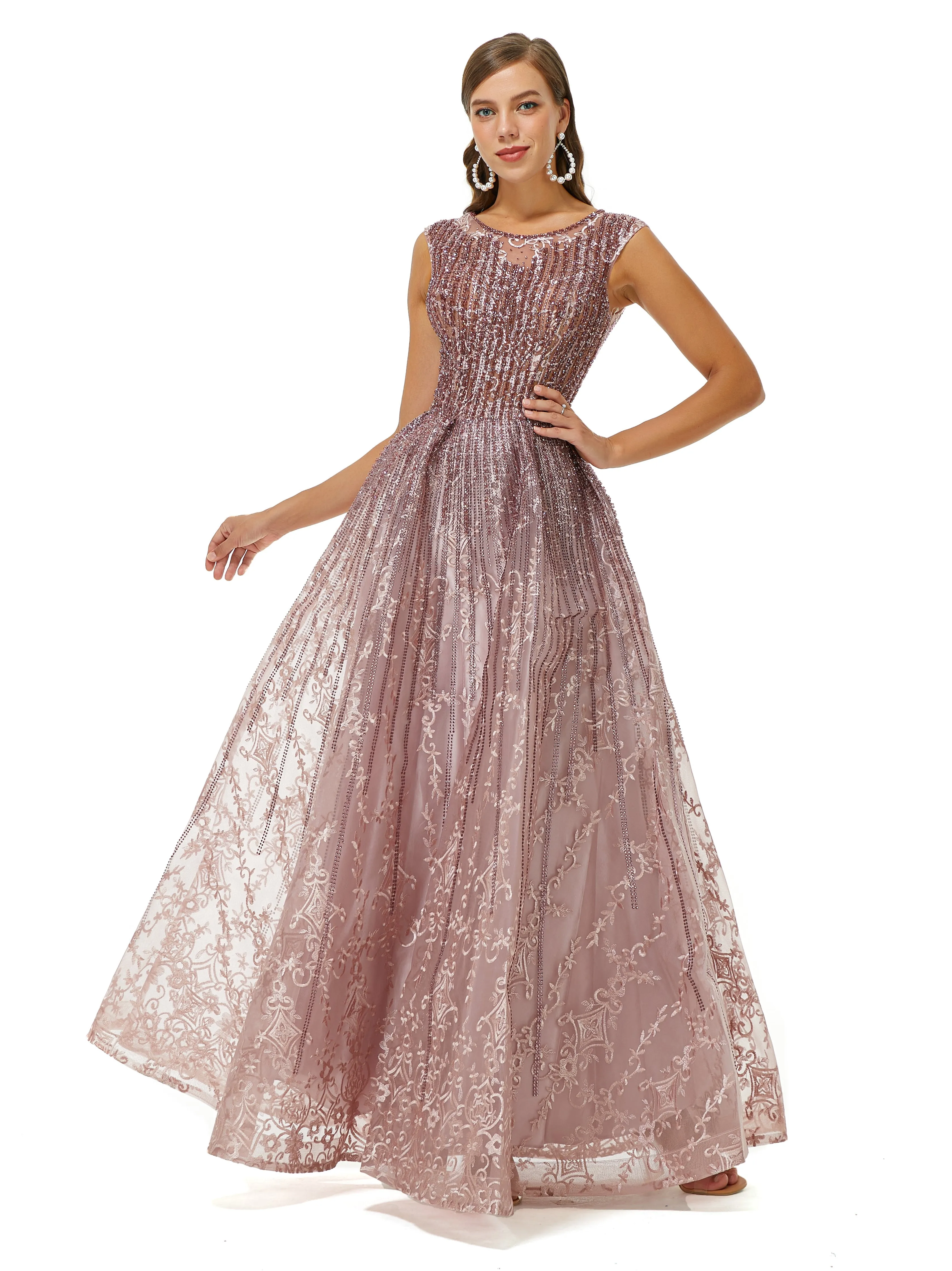 A-line Beaded Jewel Appliques Lace Floor-length cap sleeve Prom Dress