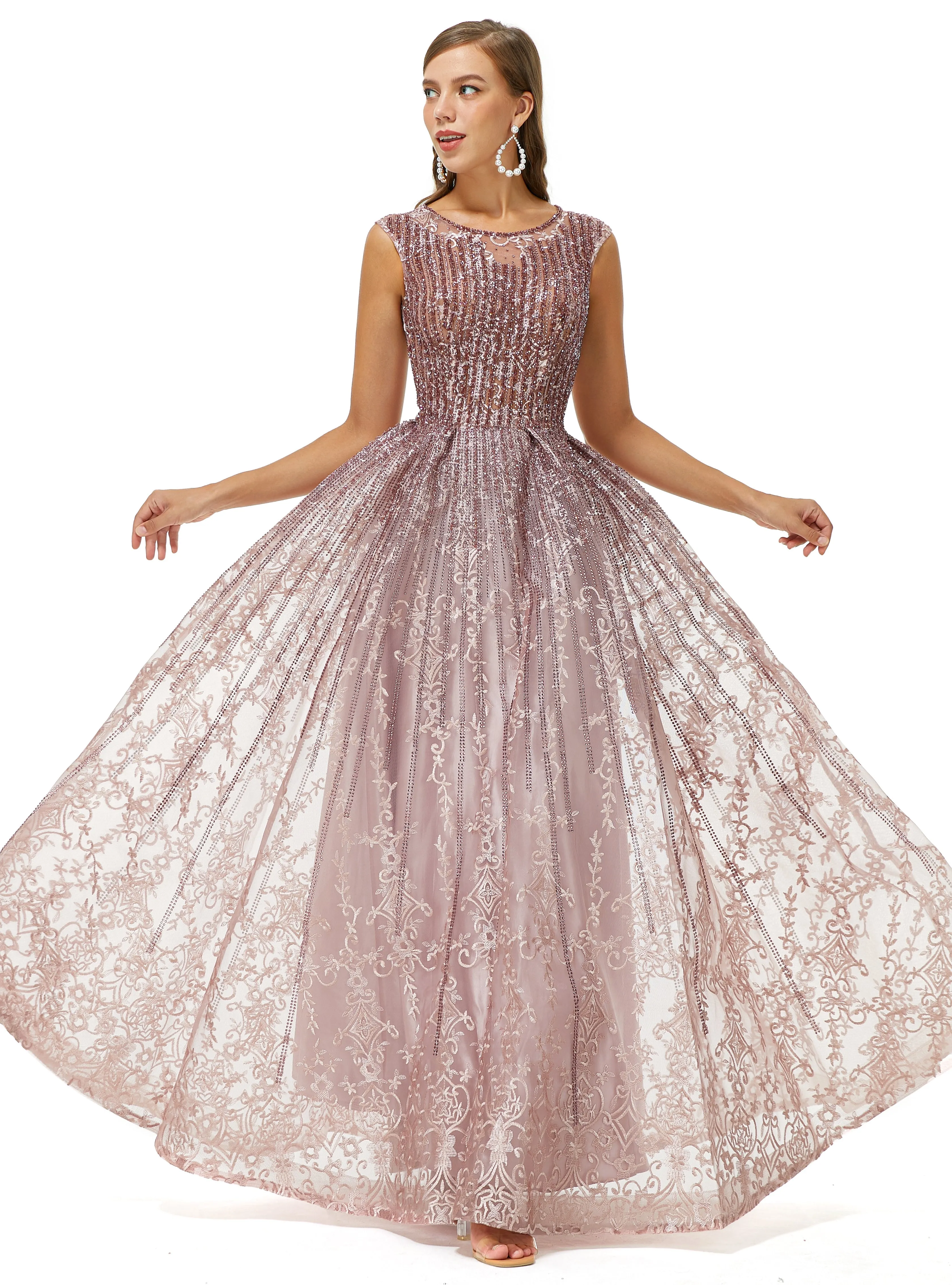 A-line Beaded Jewel Appliques Lace Floor-length cap sleeve Prom Dress