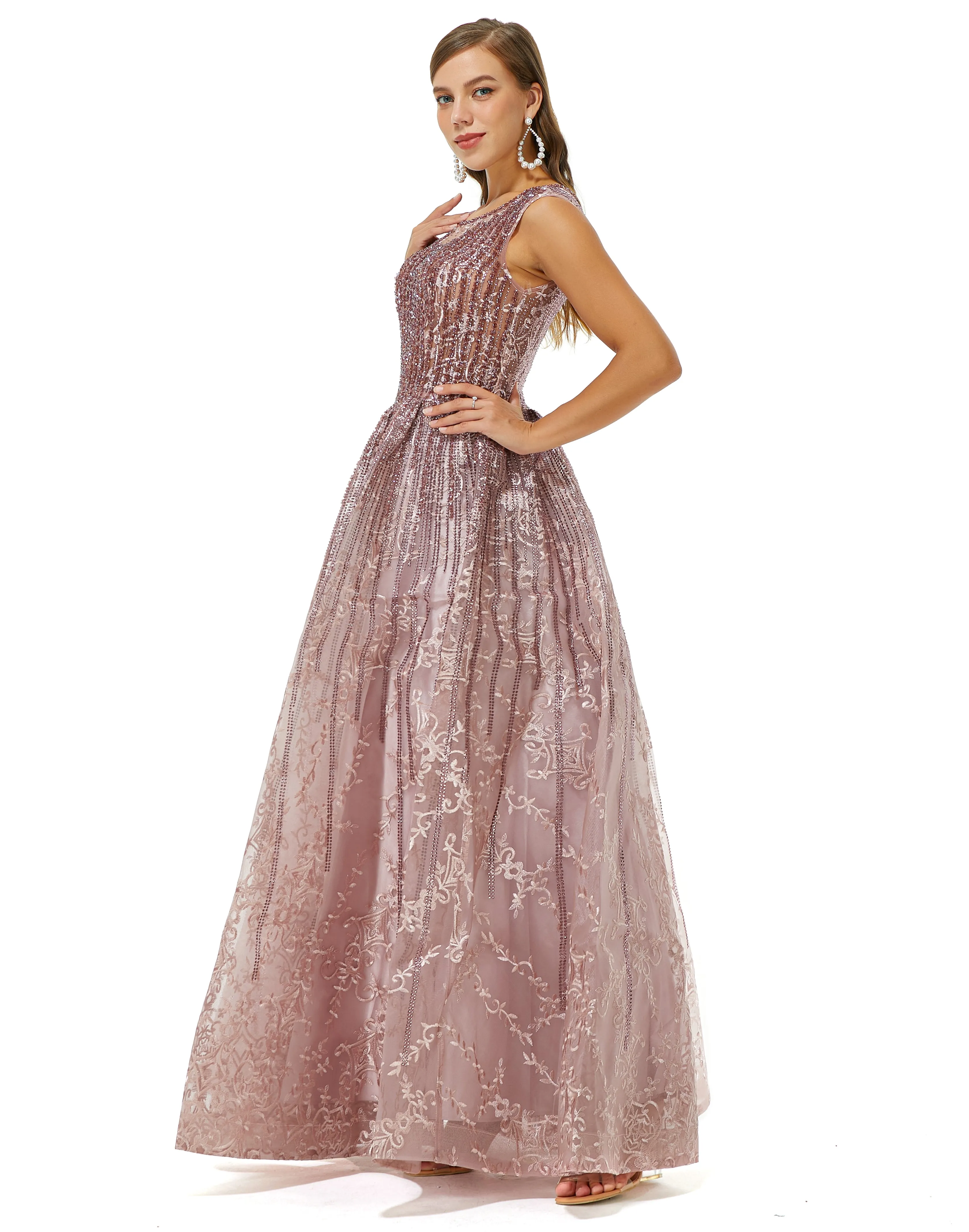 A-line Beaded Jewel Appliques Lace Floor-length cap sleeve Prom Dress