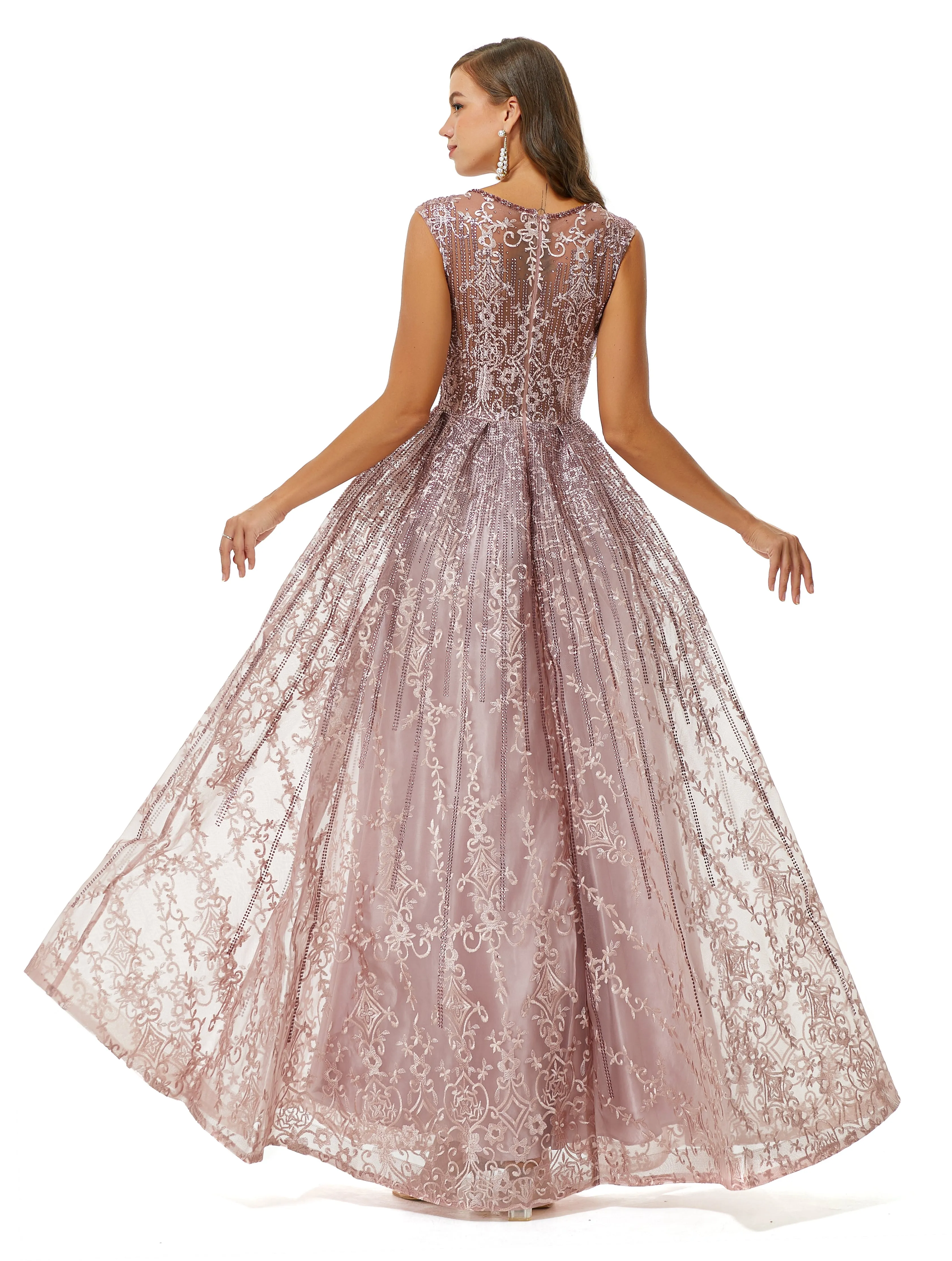 A-line Beaded Jewel Appliques Lace Floor-length cap sleeve Prom Dress