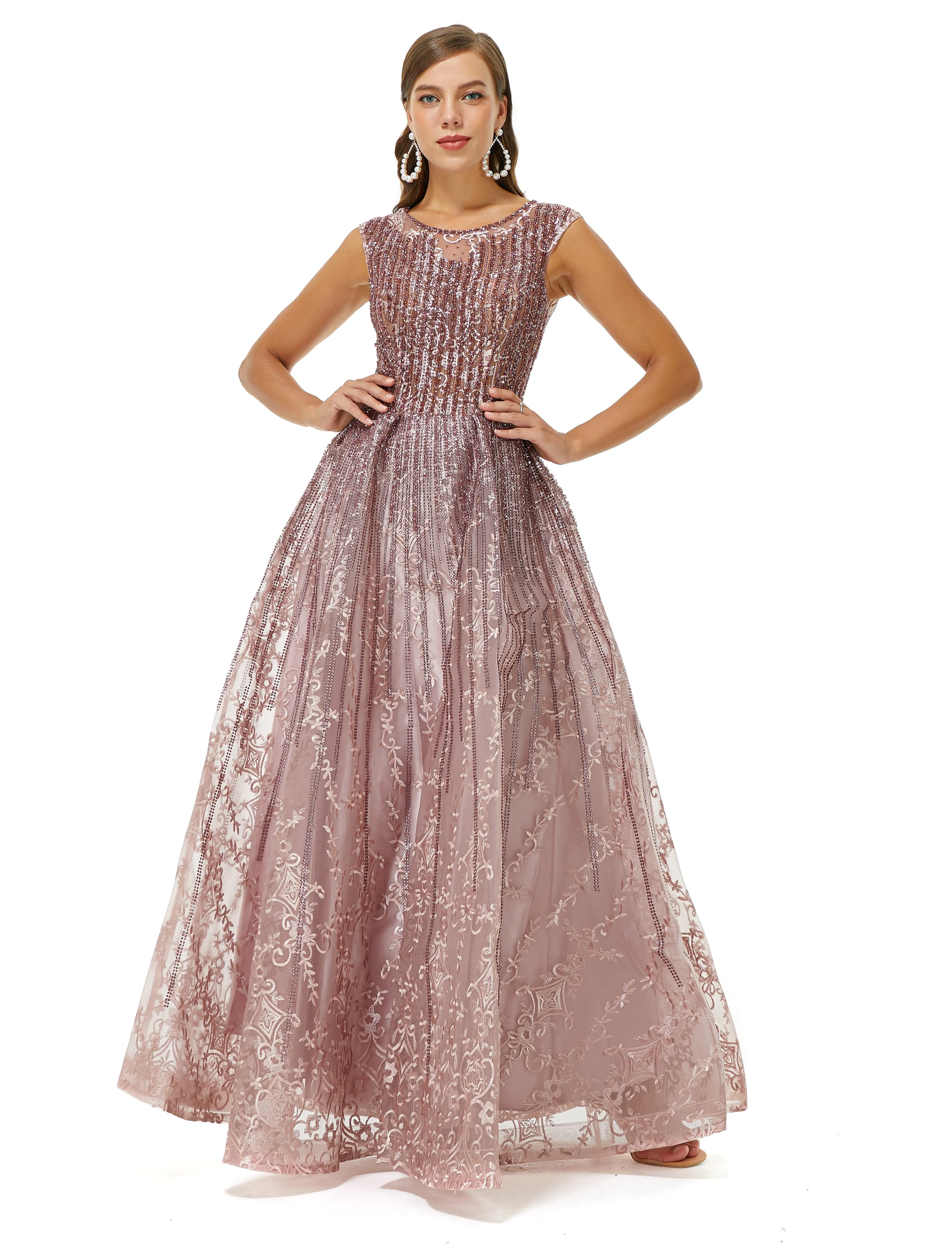 A-line Beaded Jewel Appliques Lace Floor-length cap sleeve Prom Dress