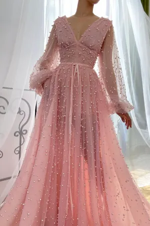 A-line V-neck Beaded Tulle Floor-length Long Sleeve Classy Prom Dress