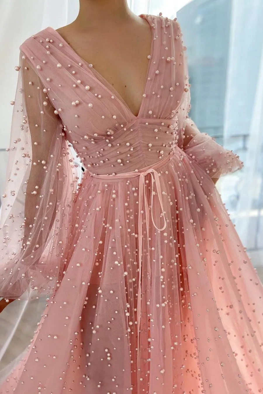 A-line V-neck Beaded Tulle Floor-length Long Sleeve Classy Prom Dress