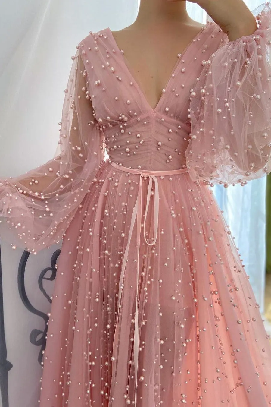 A-line V-neck Beaded Tulle Floor-length Long Sleeve Classy Prom Dress