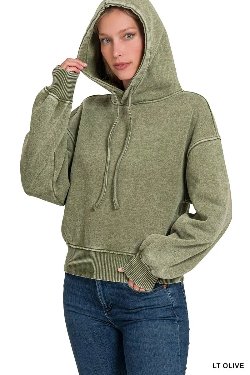 Acid Wash Fleece Cropped Hoodie