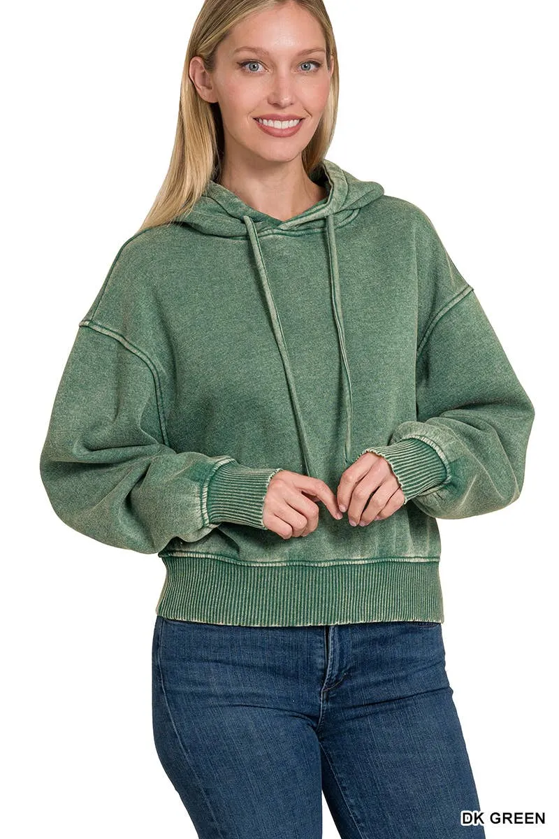 Acid Wash Fleece Cropped Hoodie