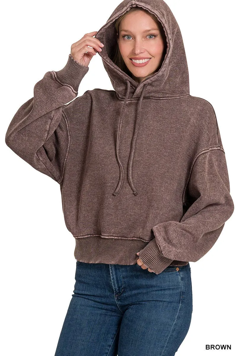 Acid Wash Fleece Cropped Hoodie