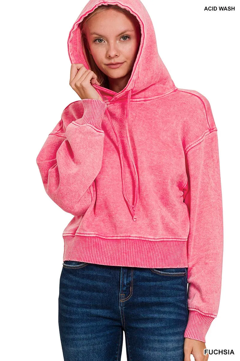 Acid Wash Fleece Cropped Hoodie