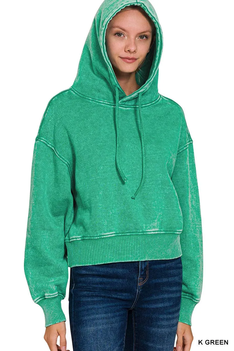 Acid Wash Fleece Cropped Hoodie