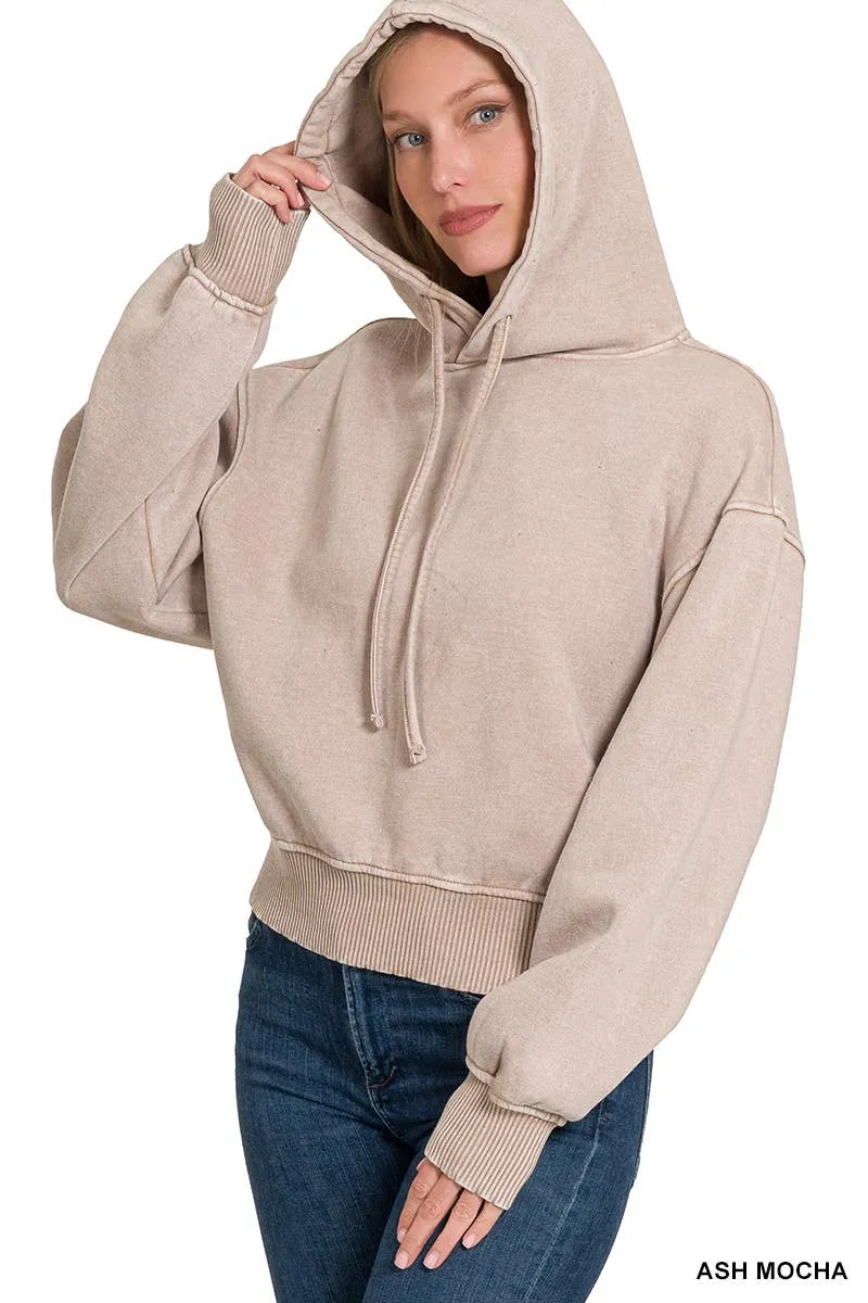 Acid Wash Fleece Cropped Hoodie