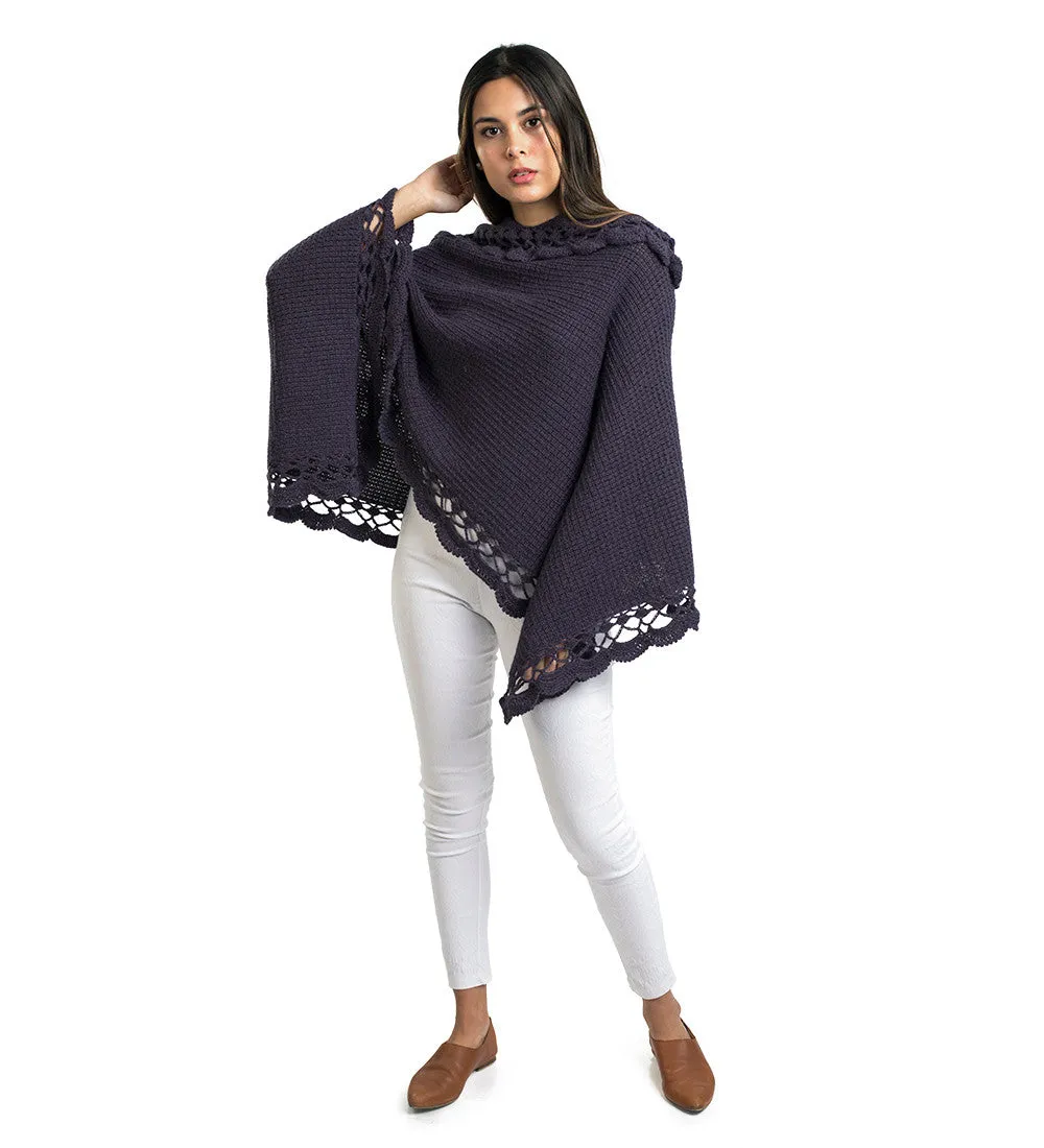 Alpaca Wool Poncho Sweater Handmade Flirty Style Crocheted Borders Soft Warm Solid Color Design
