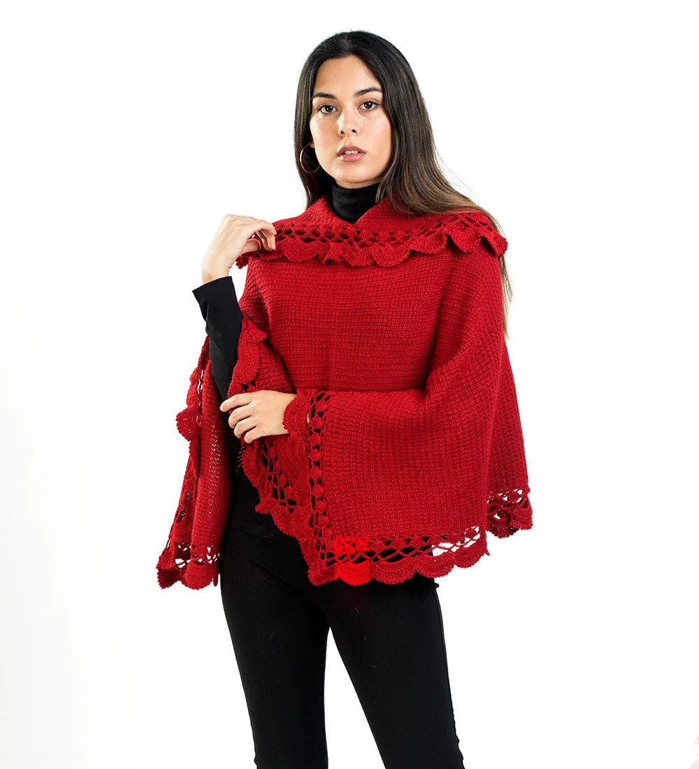 Alpaca Wool Poncho Sweater Handmade Flirty Style Crocheted Borders Soft Warm Solid Color Design