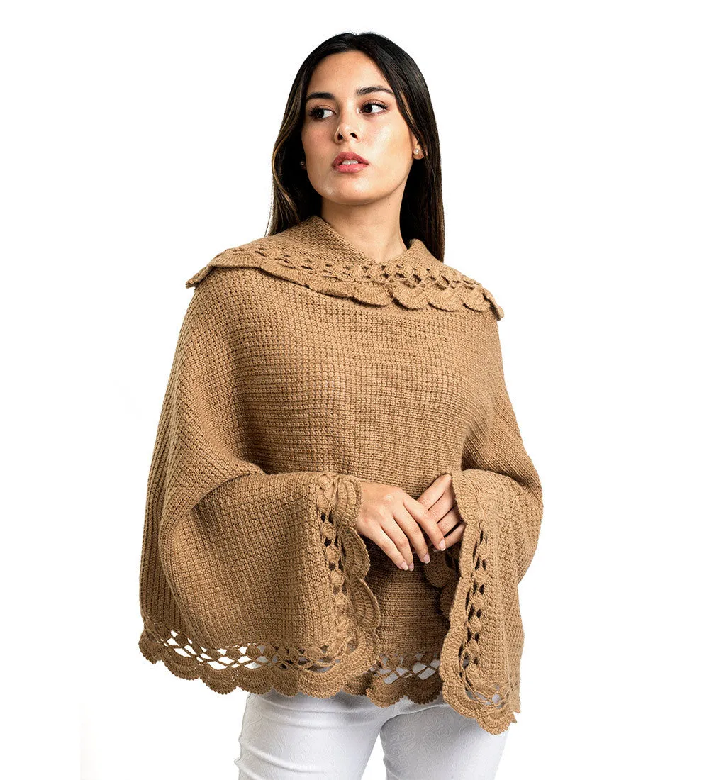 Alpaca Wool Poncho Sweater Handmade Flirty Style Crocheted Borders Soft Warm Solid Color Design