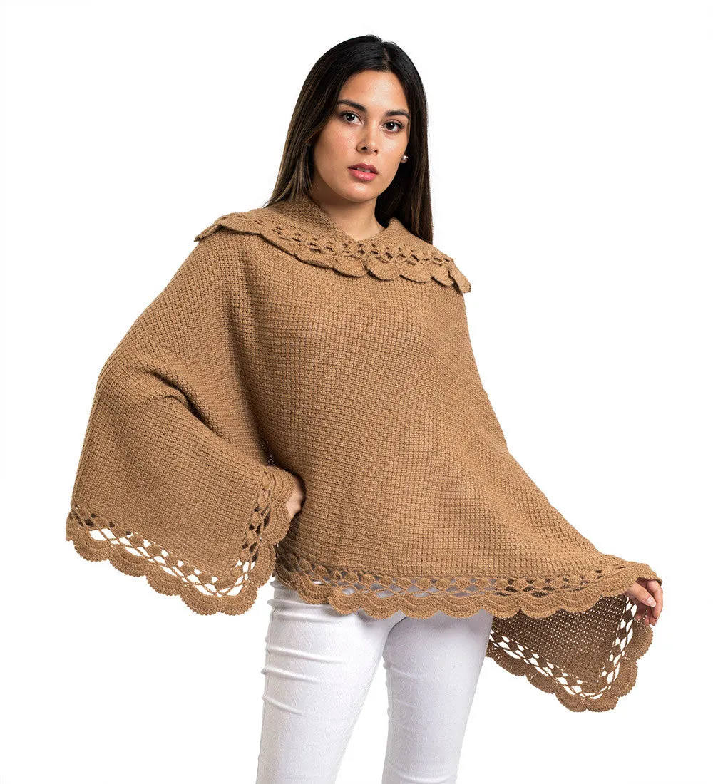 Alpaca Wool Poncho Sweater Handmade Flirty Style Crocheted Borders Soft Warm Solid Color Design