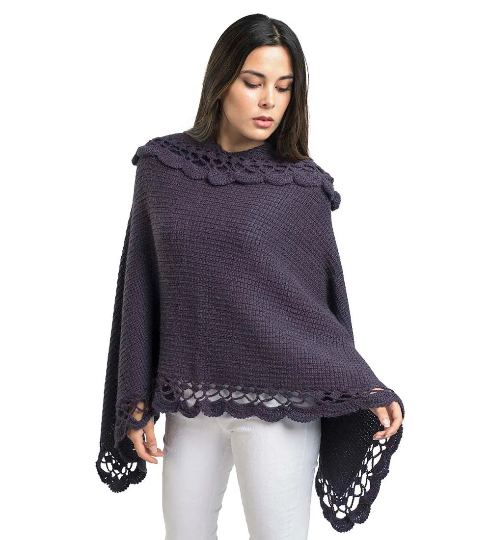 Alpaca Wool Poncho Sweater Handmade Flirty Style Crocheted Borders Soft Warm Solid Color Design