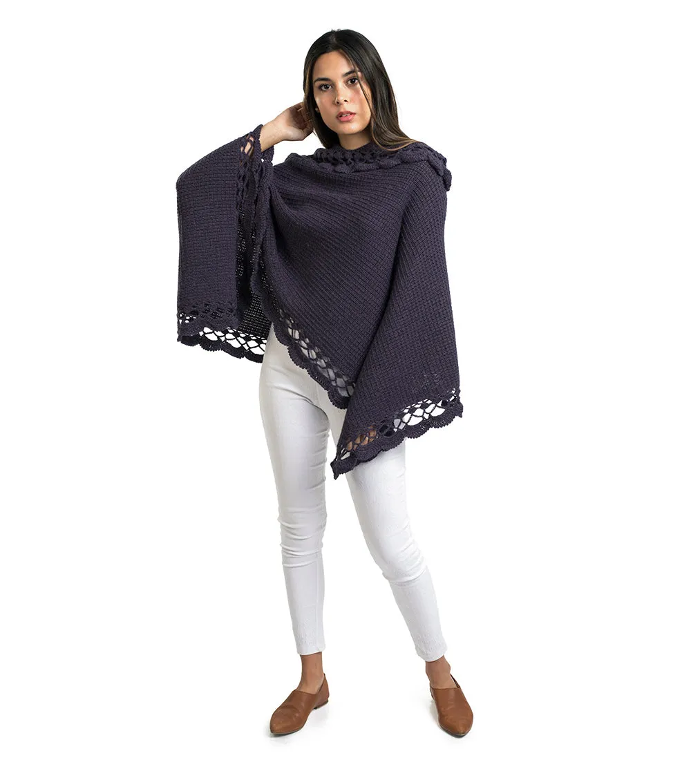 Alpaca Wool Poncho Sweater Handmade Flirty Style Crocheted Borders Soft Warm Solid Color Design