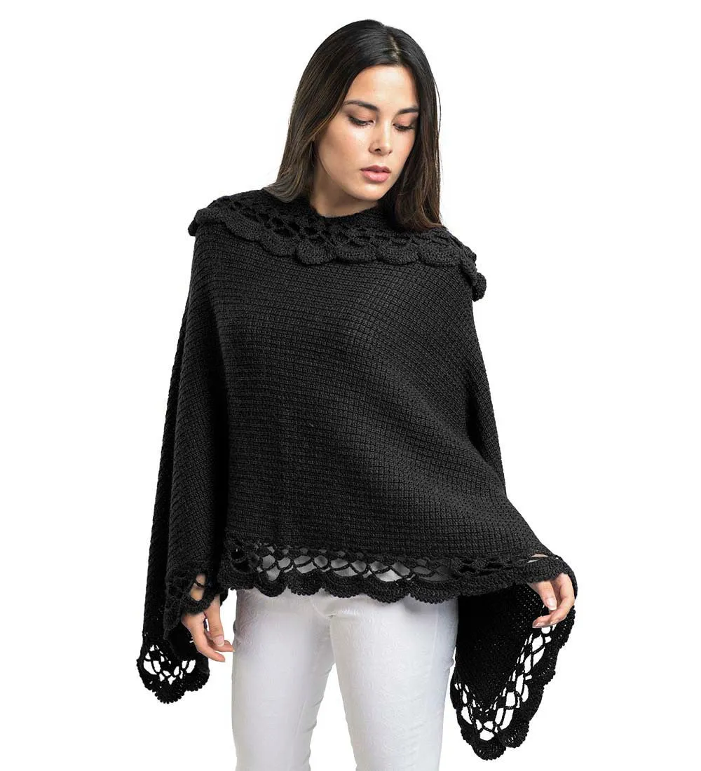 Alpaca Wool Poncho Sweater Handmade Flirty Style Crocheted Borders Soft Warm Solid Color Design