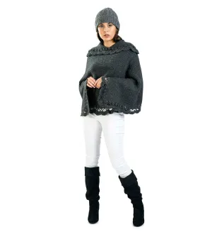 Alpaca Wool Poncho Sweater Handmade Flirty Style Crocheted Borders Soft Warm Solid Color Design