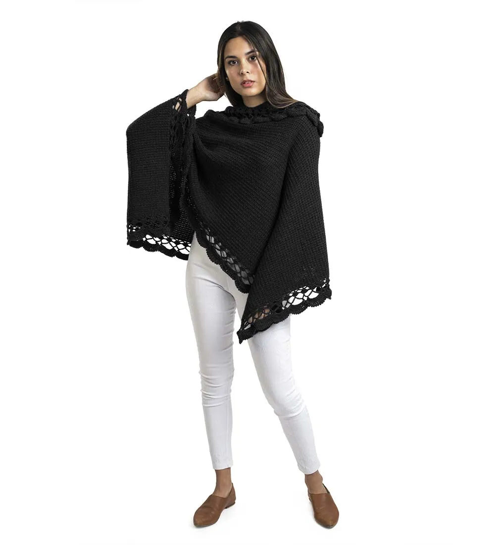 Alpaca Wool Poncho Sweater Handmade Flirty Style Crocheted Borders Soft Warm Solid Color Design
