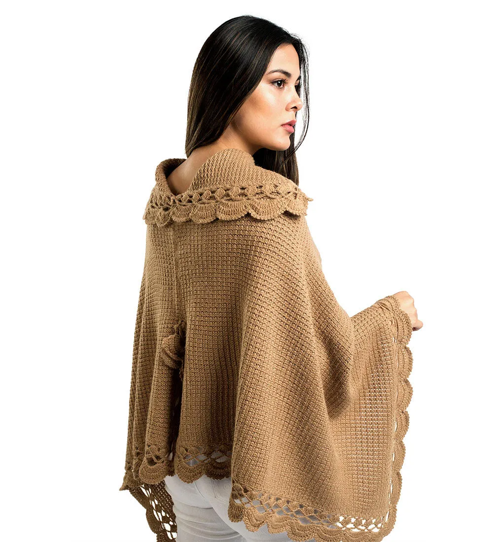 Alpaca Wool Poncho Sweater Handmade Flirty Style Crocheted Borders Soft Warm Solid Color Design
