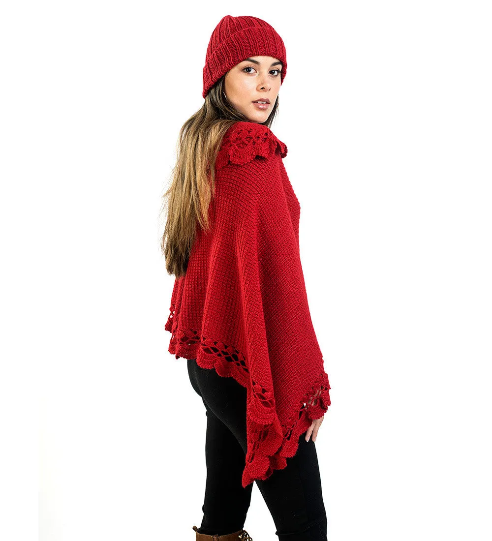 Alpaca Wool Poncho Sweater Handmade Flirty Style Crocheted Borders Soft Warm Solid Color Design