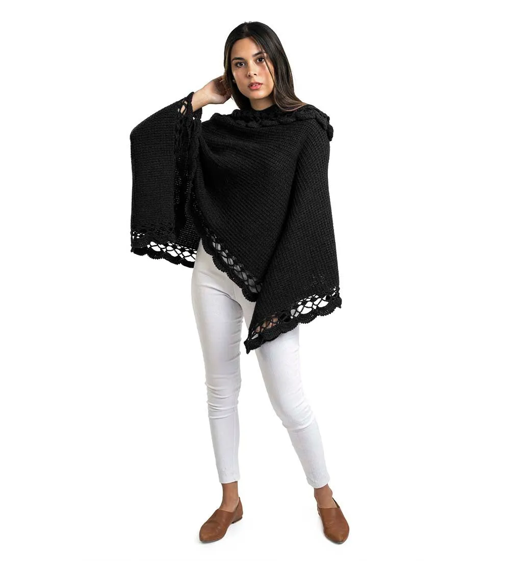 Alpaca Wool Poncho Sweater Handmade Flirty Style Crocheted Borders Soft Warm Solid Color Design