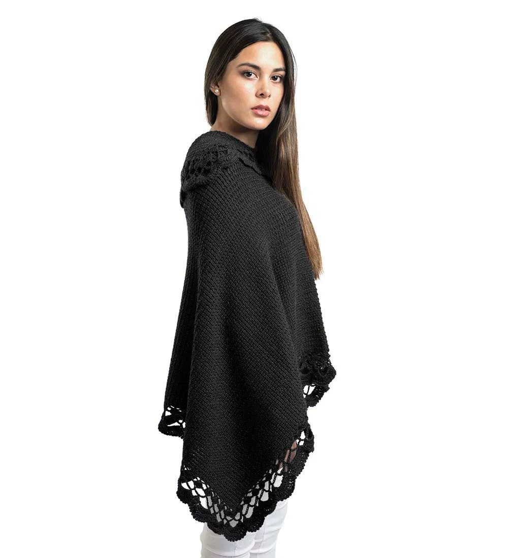 Alpaca Wool Poncho Sweater Handmade Flirty Style Crocheted Borders Soft Warm Solid Color Design