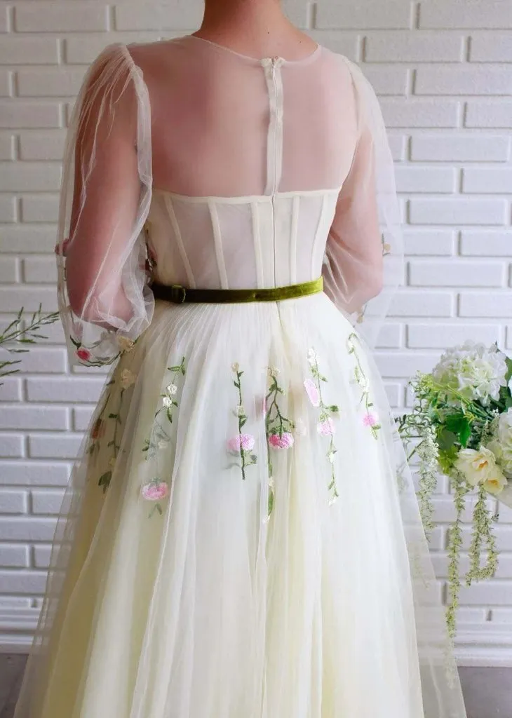 Anneprom A-Line Bateau Illusion Long Sleeves Tulle Prom Dress With Embroidery APP0293