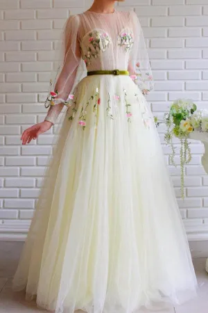 Anneprom A-Line Bateau Illusion Long Sleeves Tulle Prom Dress With Embroidery APP0293