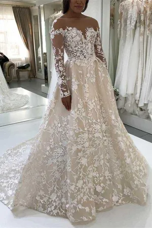 Anneprom A-Line Illusion Bateau Long Sleeves Backless Ivory Lace Wedding Dress APW0199