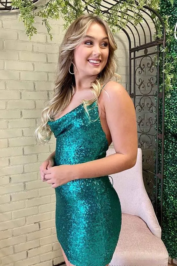 Anneprom Emerald Green Sequins Sheath Cowl Neck Tight Short Homecoming Dresses APH0193