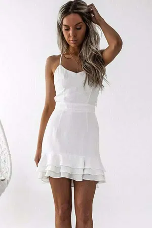 Anneprom Sheath Spaghetti Straps Pleated White Satin Homecoming Dress APP0296