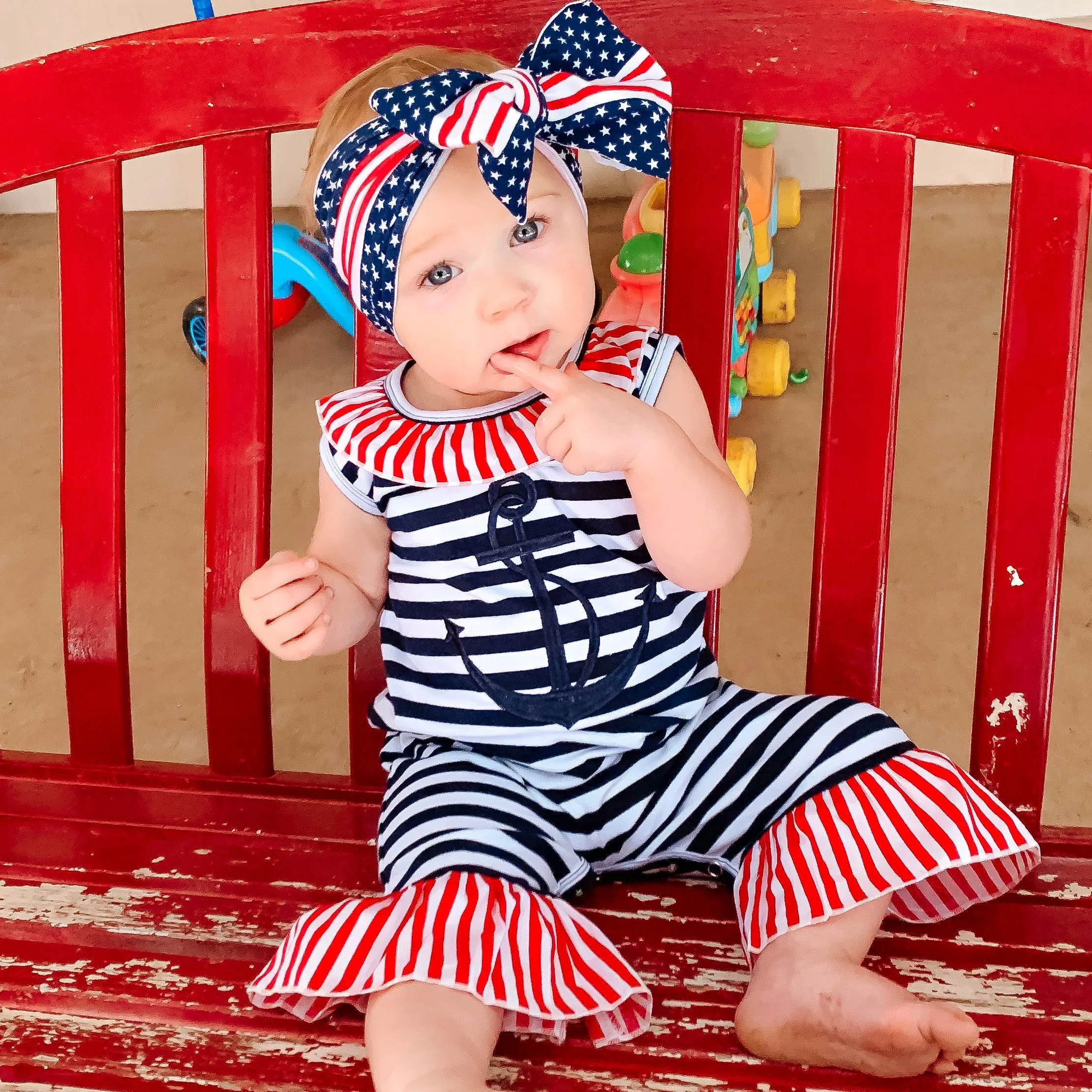 AnnLoren Baby Girls Summer Nautical Anchor Sailor Boutique Romper