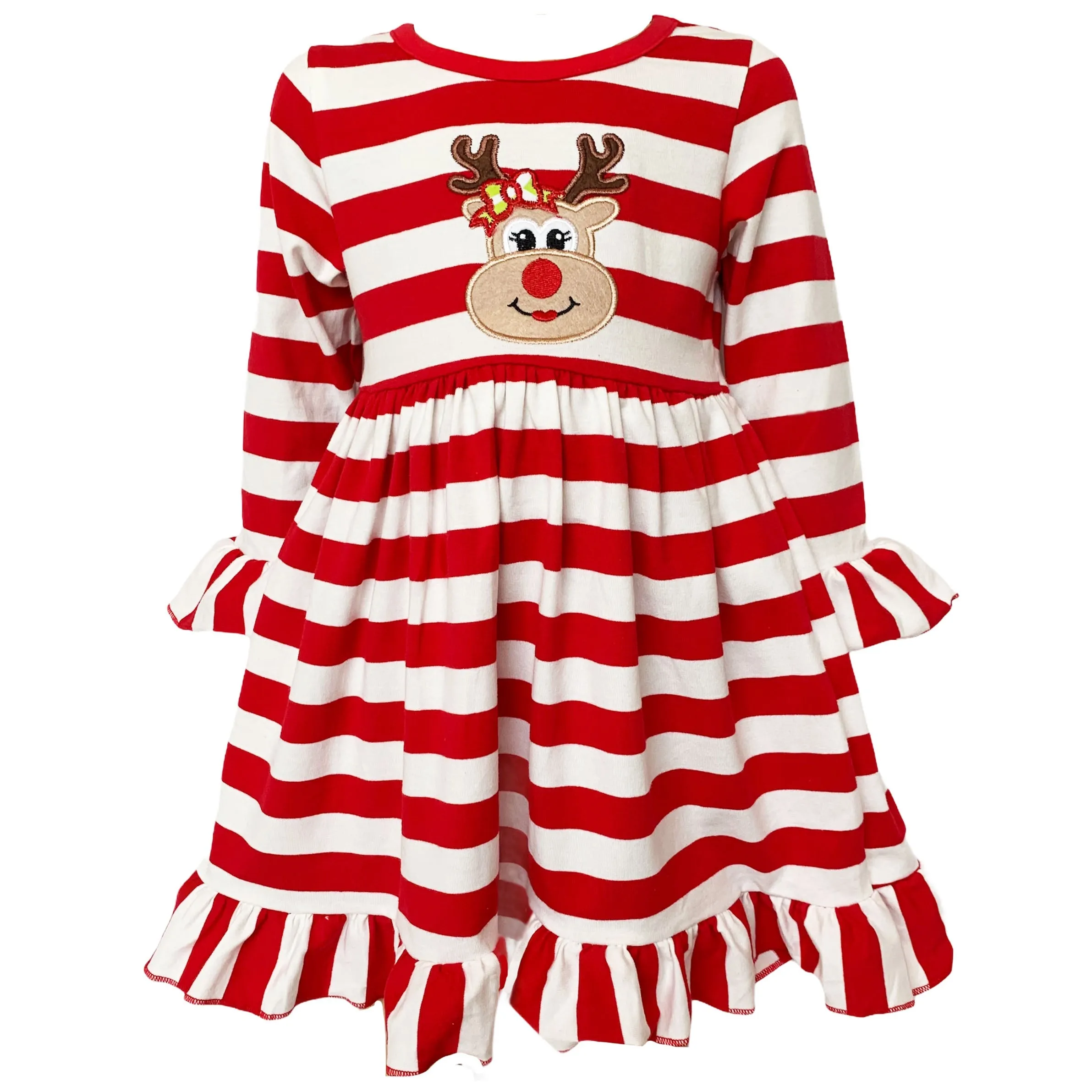 AnnLoren Girls Boutique Red Stripe Christmas Rudolf the Reindeer Swing Dress