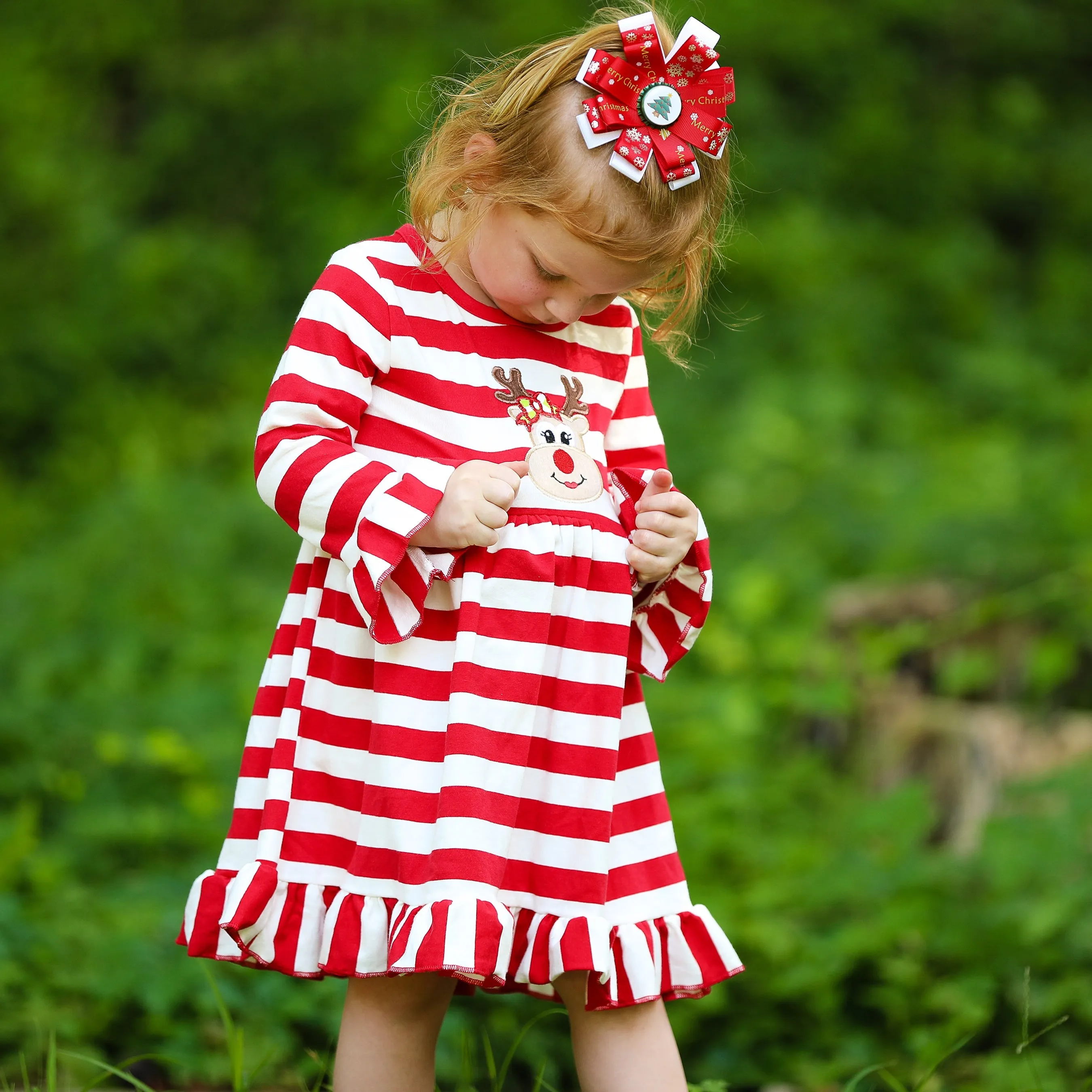 AnnLoren Girls Boutique Red Stripe Christmas Rudolf the Reindeer Swing Dress