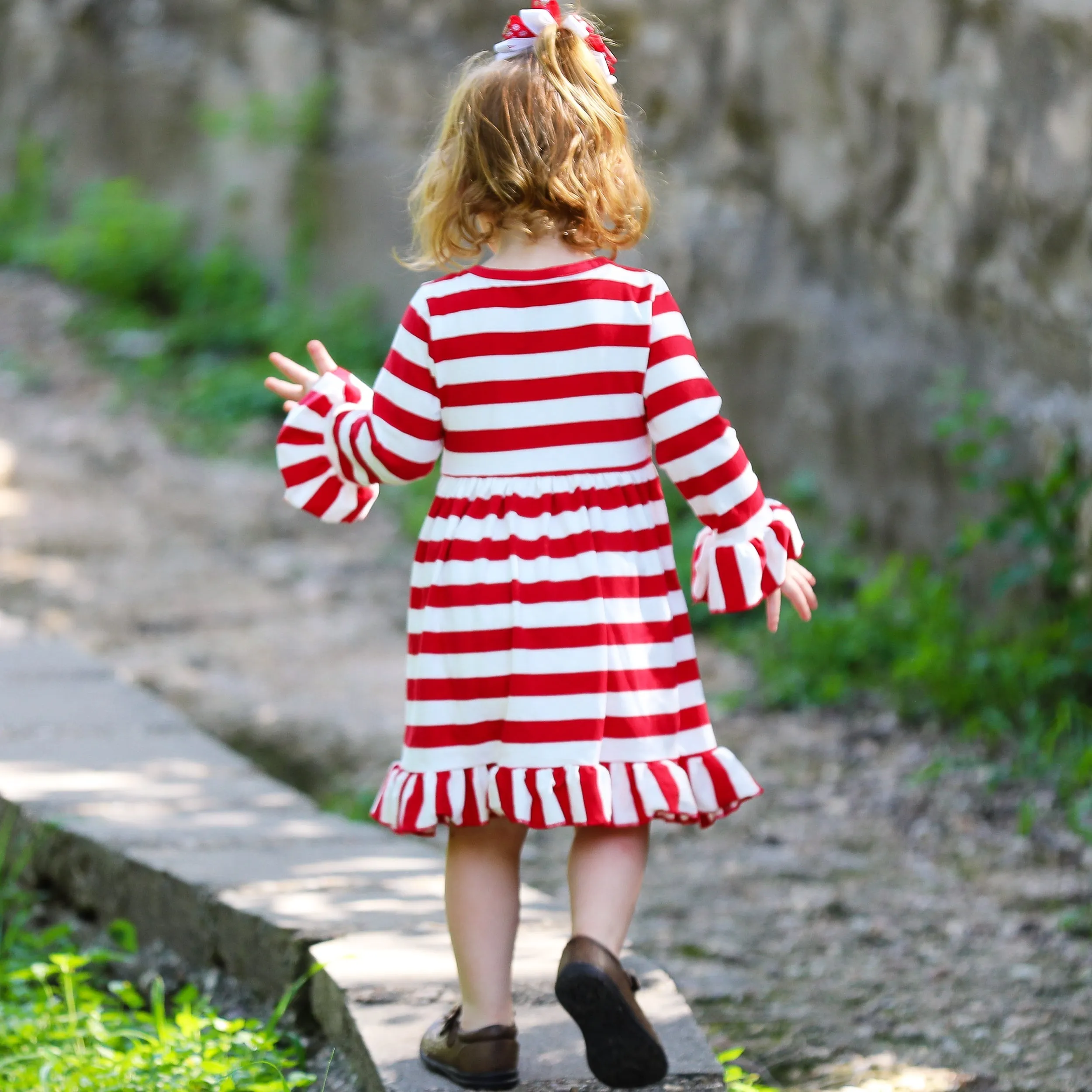 AnnLoren Girls Boutique Red Stripe Christmas Rudolf the Reindeer Swing Dress