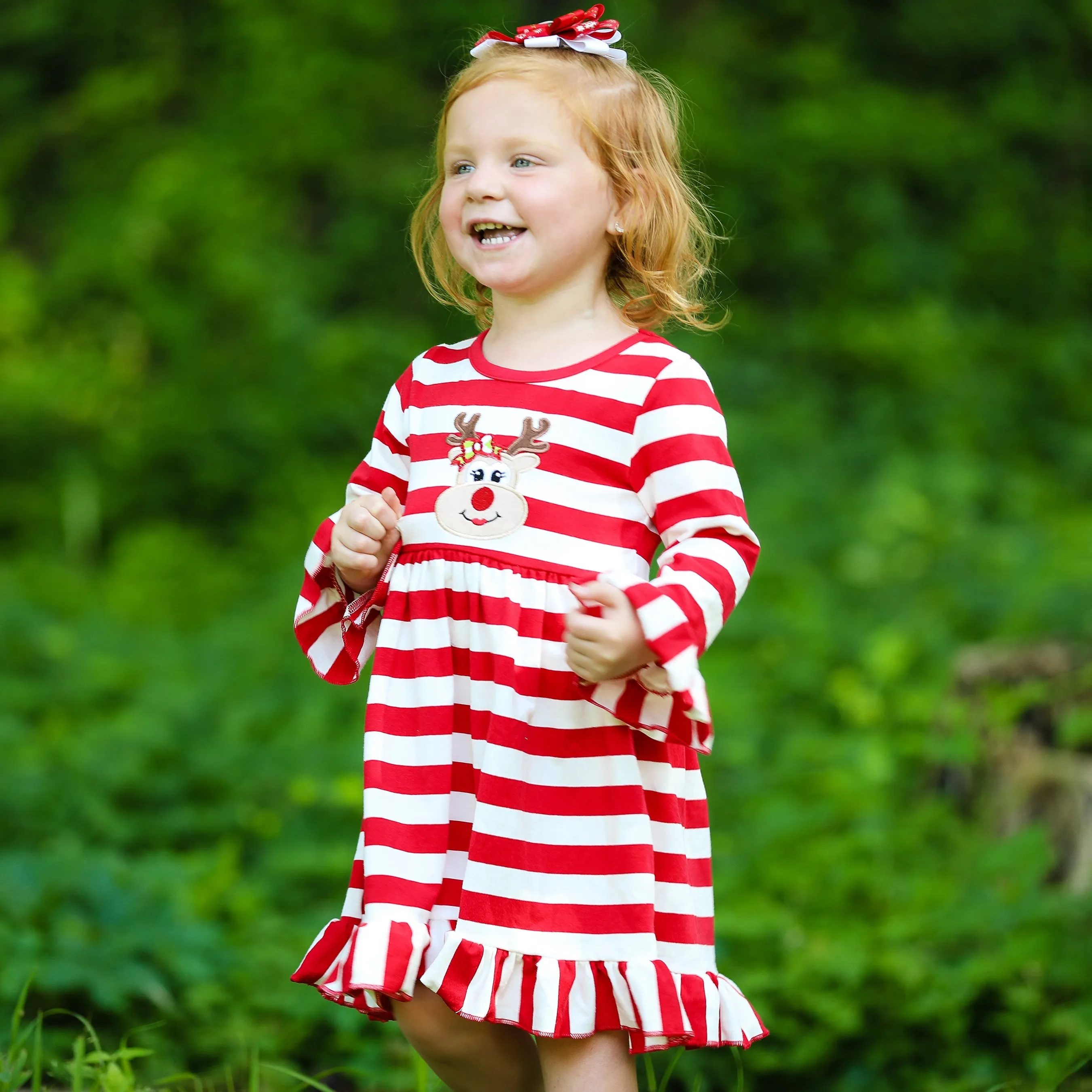 AnnLoren Girls Boutique Red Stripe Christmas Rudolf the Reindeer Swing Dress